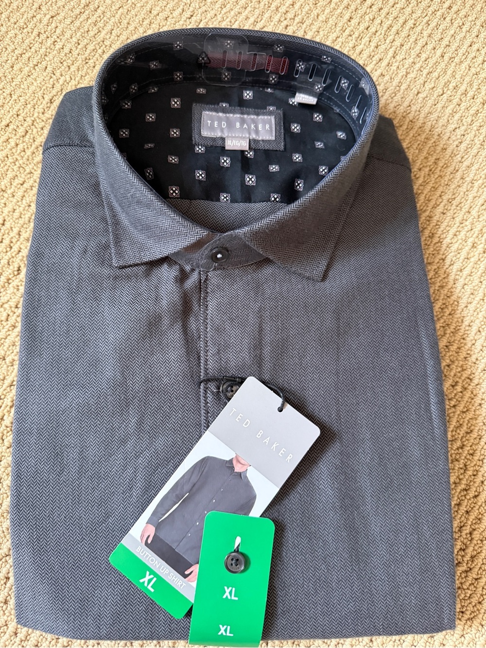 Ted Baker Men's Charcoal Gray Herringbone Dress Shirt